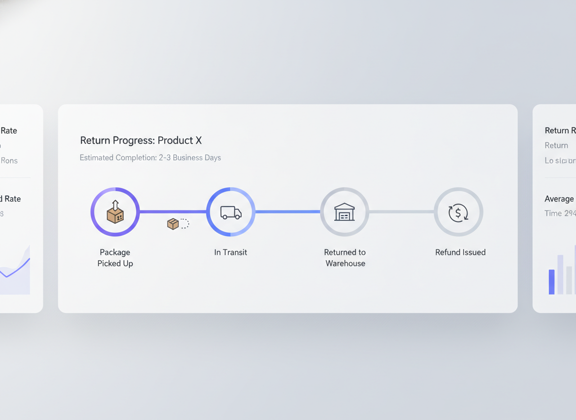 Return progress timeline: Package Picked Up, In Transit, Returned to Warehouse, Refund Issued